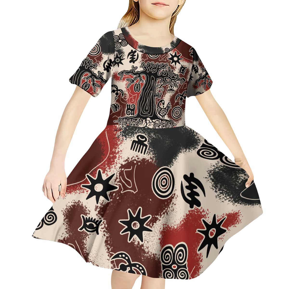 Sacred Heritage Kid Short Sleeve Dress African Abstract Baobab Tree, Ethnic Symbols, and Red-Black Pattern - Wonder Print Shop