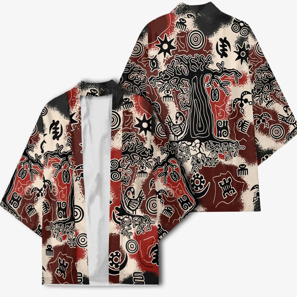 Sacred Heritage Kimono African Abstract Baobab Tree, Ethnic Symbols, and Red-Black Pattern - Wonder Print Shop
