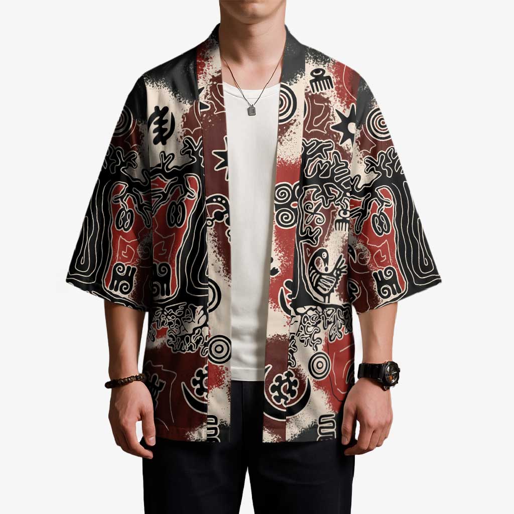 Sacred Heritage Kimono African Abstract Baobab Tree, Ethnic Symbols, and Red-Black Pattern - Wonder Print Shop