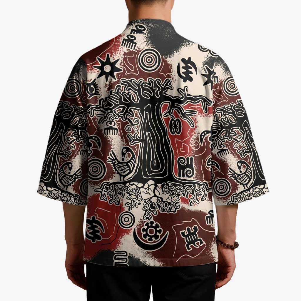 Sacred Heritage Kimono African Abstract Baobab Tree, Ethnic Symbols, and Red-Black Pattern - Wonder Print Shop