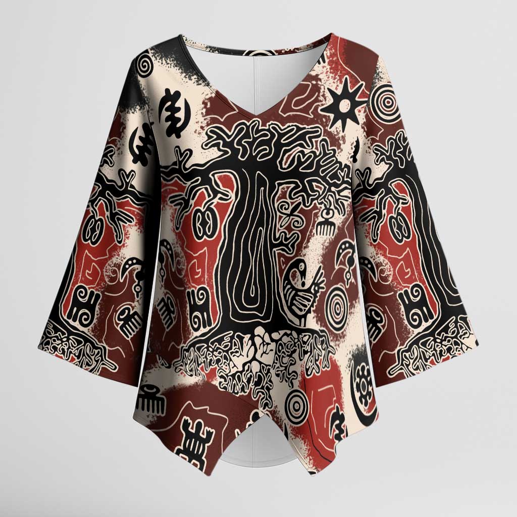 Sacred Heritage Kimono Sleeve Blouse African Abstract Baobab Tree, Ethnic Symbols, and Red-Black Pattern - Wonder Print Shop
