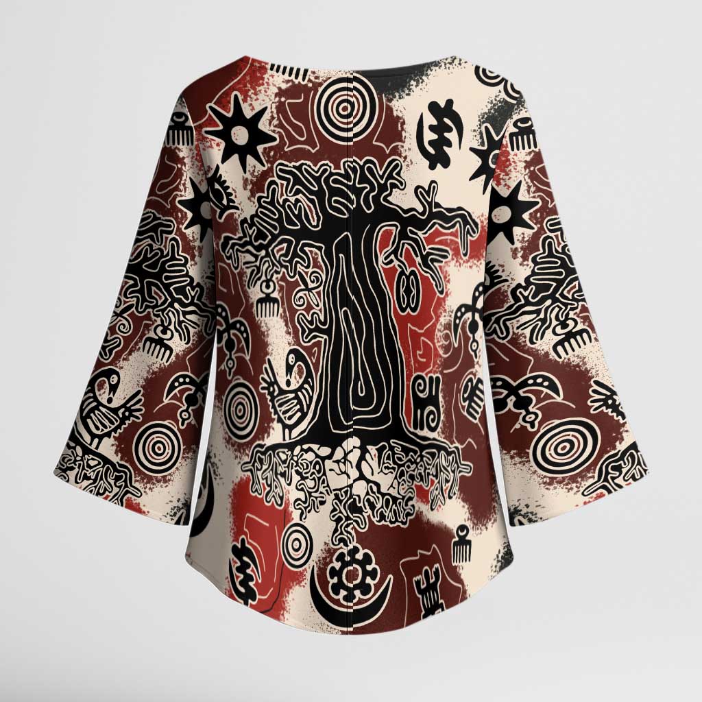 Sacred Heritage Kimono Sleeve Blouse African Abstract Baobab Tree, Ethnic Symbols, and Red-Black Pattern - Wonder Print Shop
