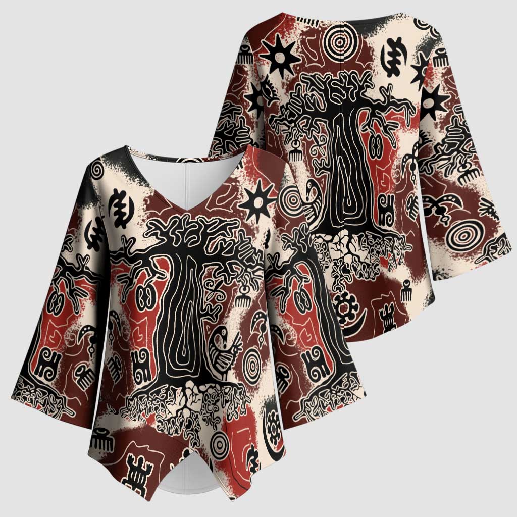 Sacred Heritage Kimono Sleeve Blouse African Abstract Baobab Tree, Ethnic Symbols, and Red-Black Pattern - Wonder Print Shop