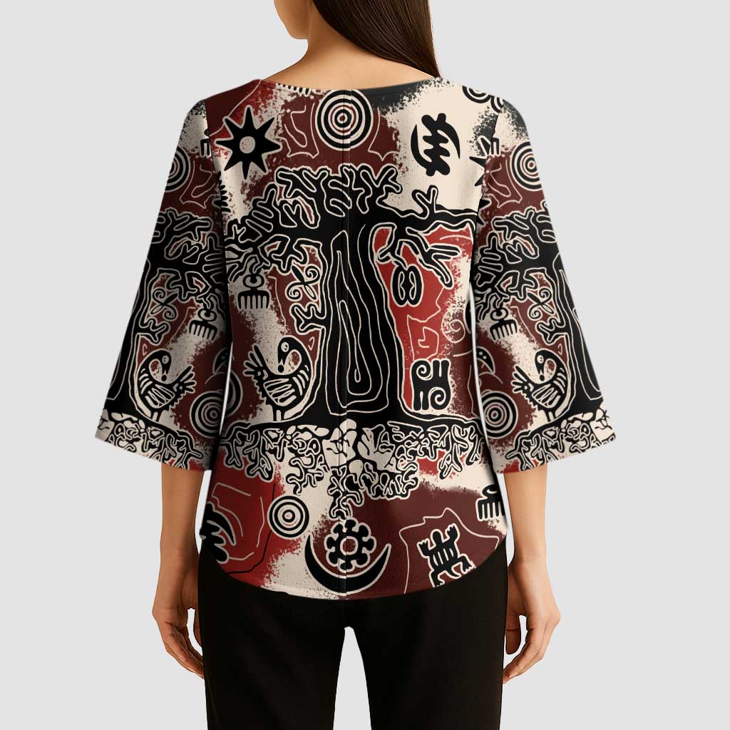 Sacred Heritage Kimono Sleeve Blouse African Abstract Baobab Tree, Ethnic Symbols, and Red-Black Pattern - Wonder Print Shop