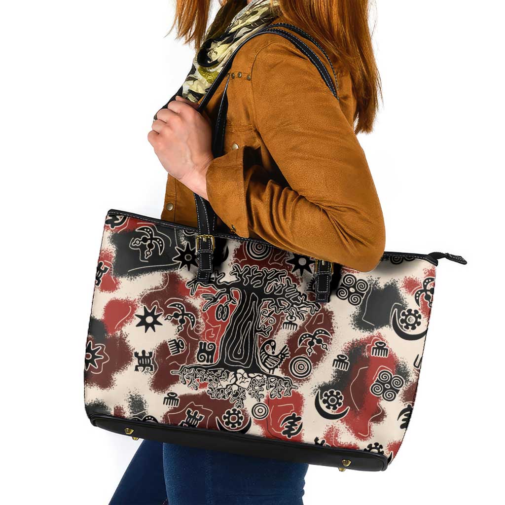 Sacred Heritage Leather Tote Bag African Abstract Baobab Tree, Ethnic Symbols, and Red-Black Pattern - Wonder Print Shop