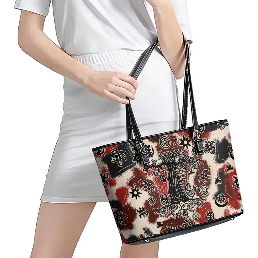 Sacred Heritage Leather Tote Bag African Abstract Baobab Tree, Ethnic Symbols, and Red-Black Pattern - Wonder Print Shop