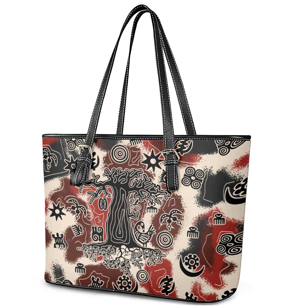 Sacred Heritage Leather Tote Bag African Abstract Baobab Tree, Ethnic Symbols, and Red-Black Pattern - Wonder Print Shop