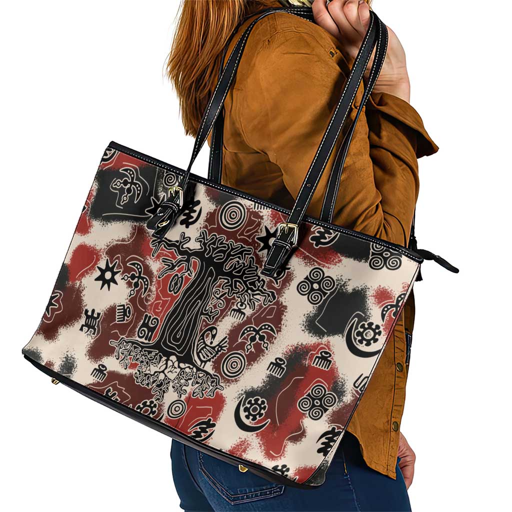 Sacred Heritage Leather Tote Bag African Abstract Baobab Tree, Ethnic Symbols, and Red-Black Pattern - Wonder Print Shop