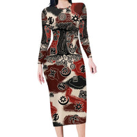 Sacred Heritage Long Sleeve Bodycon Dress African Abstract Baobab Tree, Ethnic Symbols, and Red-Black Pattern - Wonder Print Shop