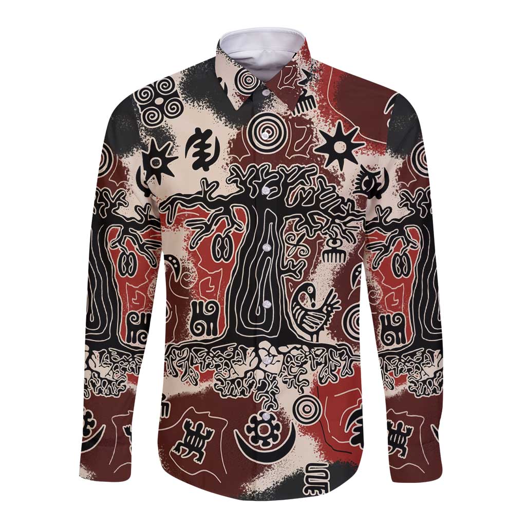 Sacred Heritage Long Sleeve Button Shirt African Abstract Baobab Tree, Ethnic Symbols, and Red-Black Pattern - Wonder Print Shop