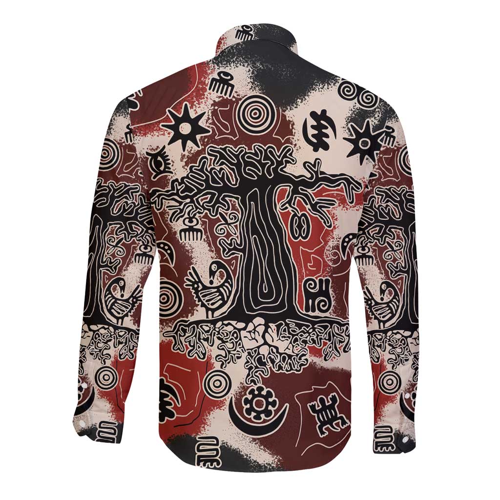 Sacred Heritage Long Sleeve Button Shirt African Abstract Baobab Tree, Ethnic Symbols, and Red-Black Pattern - Wonder Print Shop