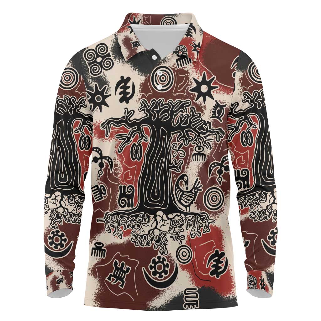 Sacred Heritage Long Sleeve Polo Shirt African Abstract Baobab Tree, Ethnic Symbols, and Red-Black Pattern - Wonder Print Shop