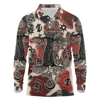 Sacred Heritage Long Sleeve Polo Shirt African Abstract Baobab Tree, Ethnic Symbols, and Red-Black Pattern - Wonder Print Shop