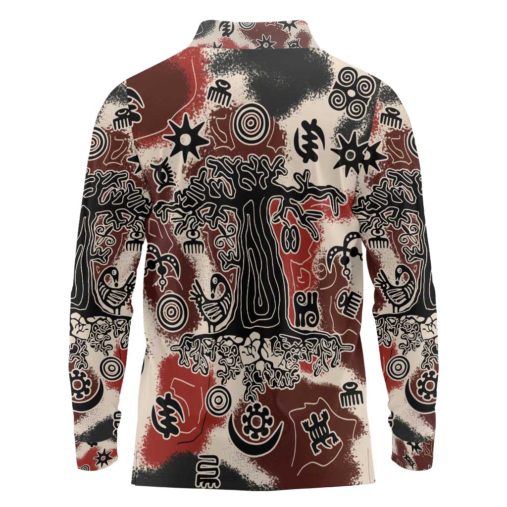 Sacred Heritage Long Sleeve Polo Shirt African Abstract Baobab Tree, Ethnic Symbols, and Red-Black Pattern - Wonder Print Shop