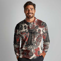 Sacred Heritage Long Sleeve Polo Shirt African Abstract Baobab Tree, Ethnic Symbols, and Red-Black Pattern - Wonder Print Shop