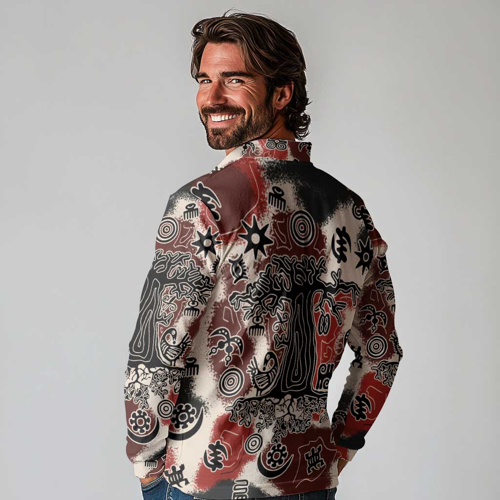 Sacred Heritage Long Sleeve Polo Shirt African Abstract Baobab Tree, Ethnic Symbols, and Red-Black Pattern - Wonder Print Shop