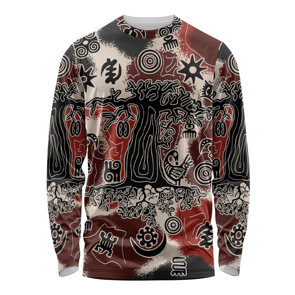 Sacred Heritage Long Sleeve Shirt African Abstract Baobab Tree, Ethnic Symbols, and Red-Black Pattern - Wonder Print Shop