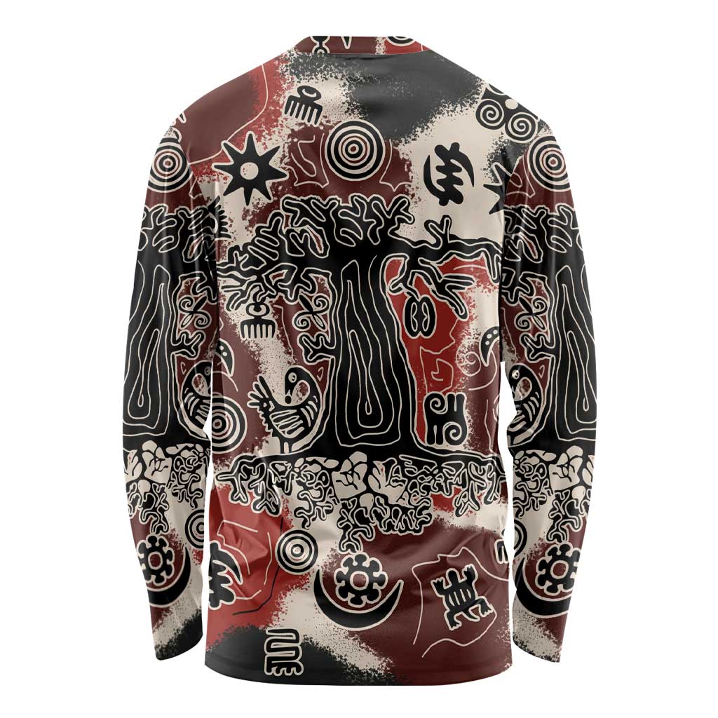 Sacred Heritage Long Sleeve Shirt African Abstract Baobab Tree, Ethnic Symbols, and Red-Black Pattern - Wonder Print Shop