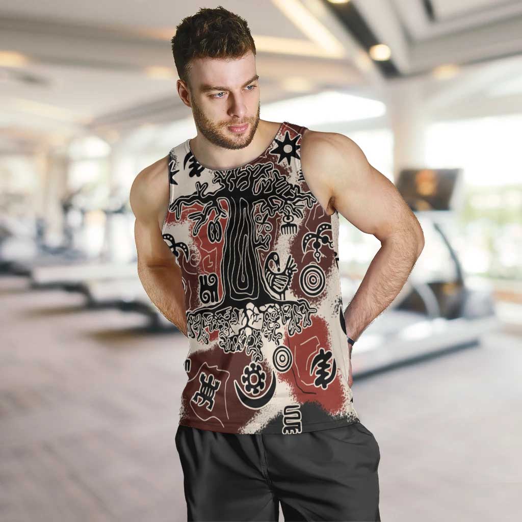 Sacred Heritage Men Tank Top African Abstract Baobab Tree, Ethnic Symbols, and Red-Black Pattern - Wonder Print Shop