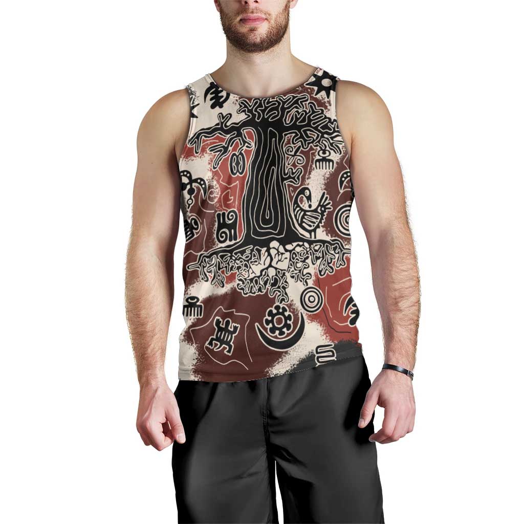 Sacred Heritage Men Tank Top African Abstract Baobab Tree, Ethnic Symbols, and Red-Black Pattern - Wonder Print Shop