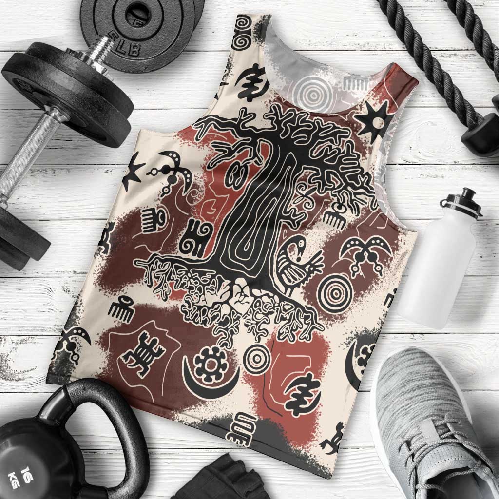 Sacred Heritage Men Tank Top African Abstract Baobab Tree, Ethnic Symbols, and Red-Black Pattern - Wonder Print Shop