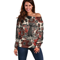Sacred Heritage Off Shoulder Sweater African Abstract Baobab Tree, Ethnic Symbols, and Red-Black Pattern - Wonder Print Shop