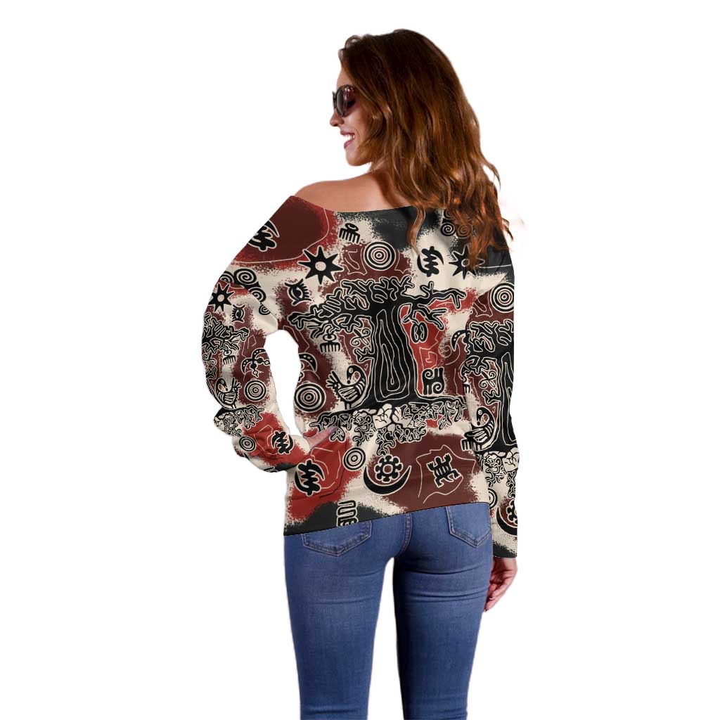 Sacred Heritage Off Shoulder Sweater African Abstract Baobab Tree, Ethnic Symbols, and Red-Black Pattern - Wonder Print Shop