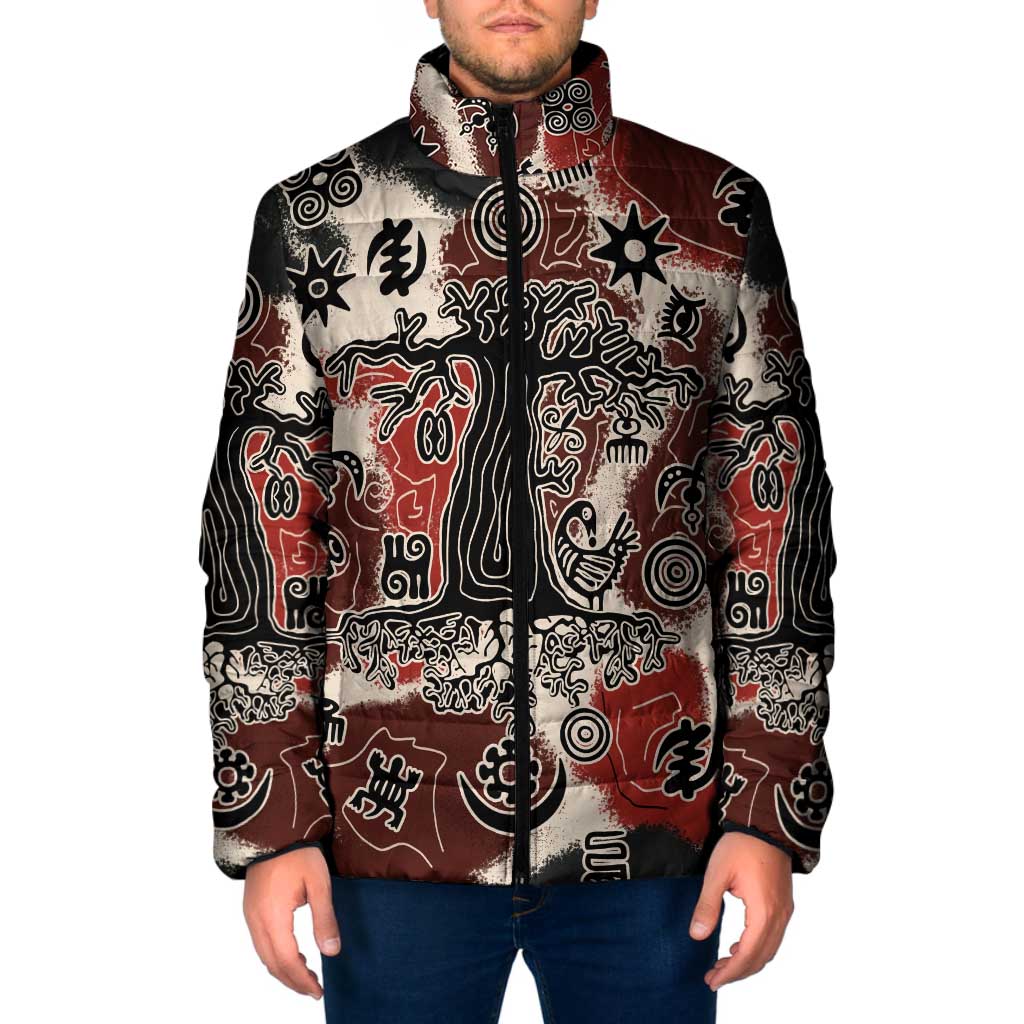Sacred Heritage Padded Jacket African Abstract Baobab Tree, Ethnic Symbols, and Red-Black Pattern - Wonder Print Shop