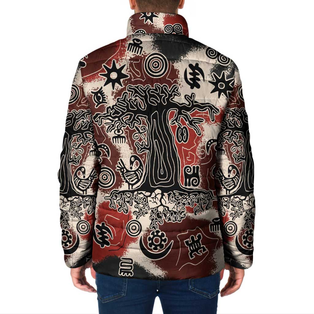 Sacred Heritage Padded Jacket African Abstract Baobab Tree, Ethnic Symbols, and Red-Black Pattern - Wonder Print Shop