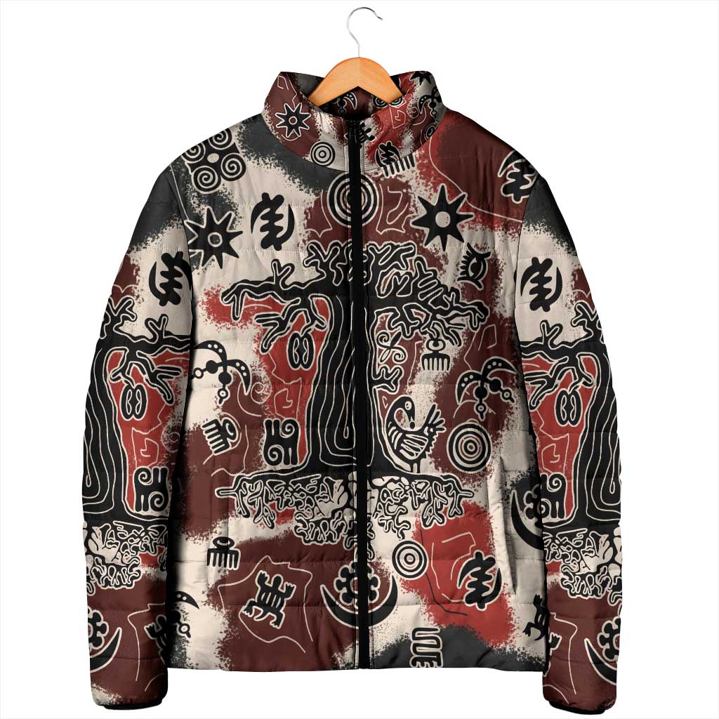 Sacred Heritage Padded Jacket African Abstract Baobab Tree, Ethnic Symbols, and Red-Black Pattern - Wonder Print Shop