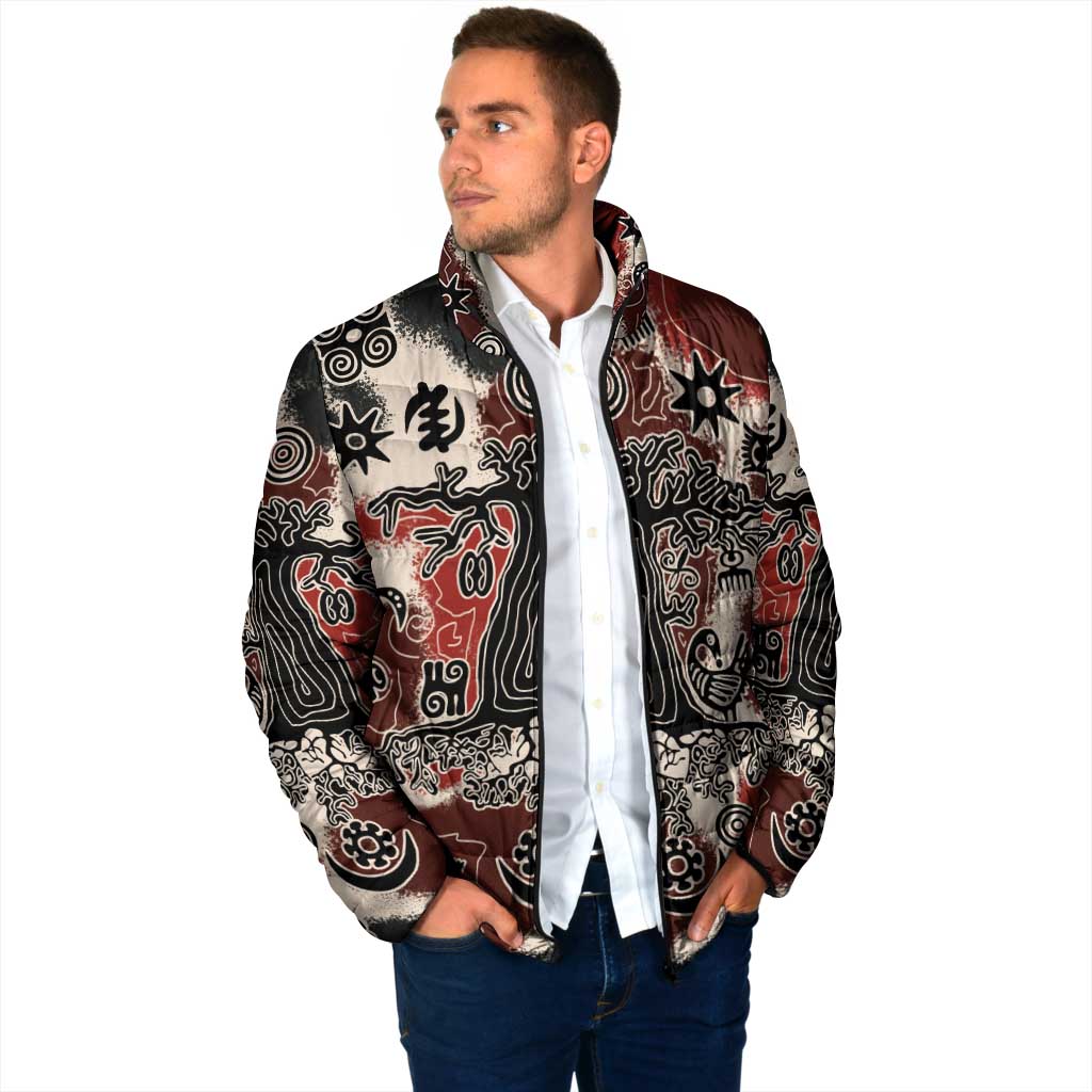 Sacred Heritage Padded Jacket African Abstract Baobab Tree, Ethnic Symbols, and Red-Black Pattern - Wonder Print Shop