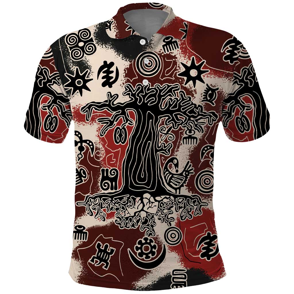 Sacred Heritage Polo Shirt African Abstract Baobab Tree, Ethnic Symbols, and Red-Black Pattern - Wonder Print Shop