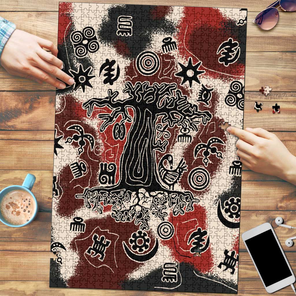 Sacred Heritage Puzzle African Abstract Baobab Tree, Ethnic Symbols, and Red-Black Pattern - Wonder Print Shop