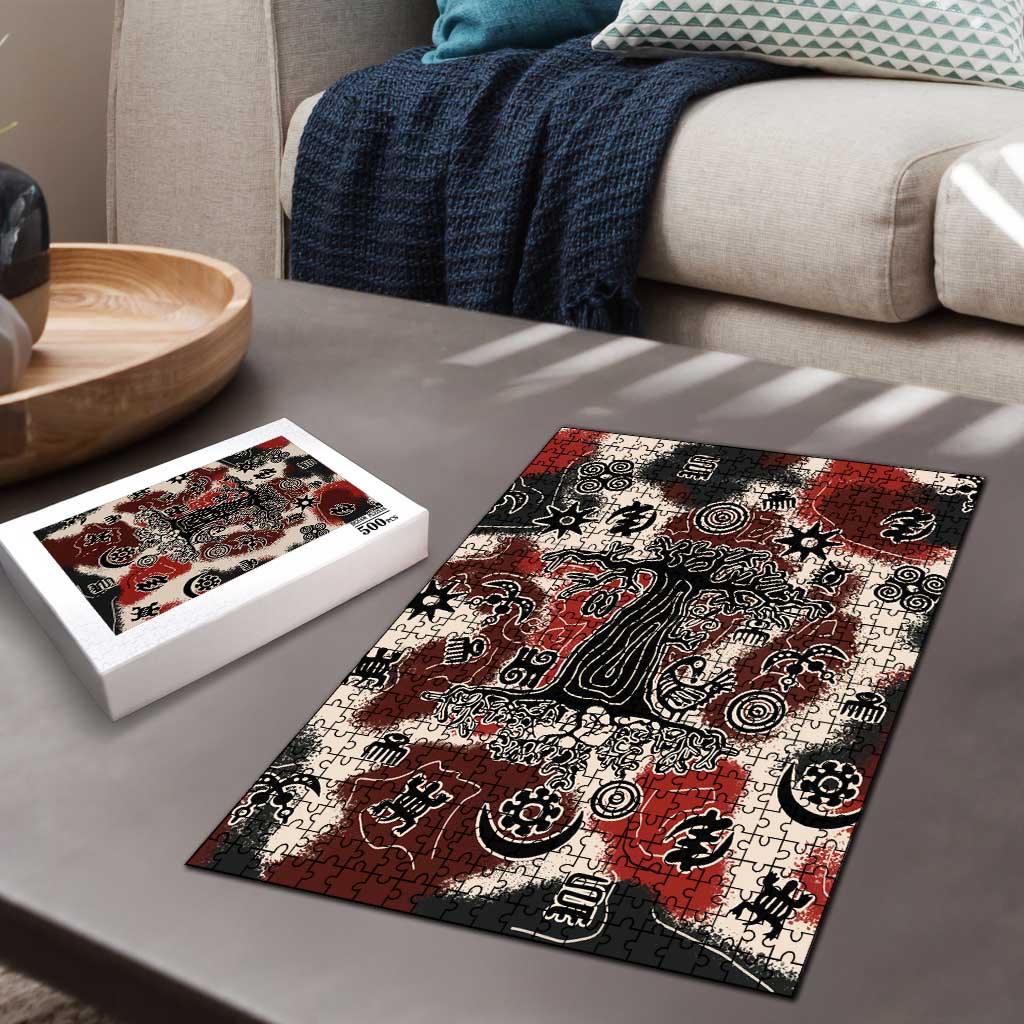 Sacred Heritage Puzzle African Abstract Baobab Tree, Ethnic Symbols, and Red-Black Pattern - Wonder Print Shop