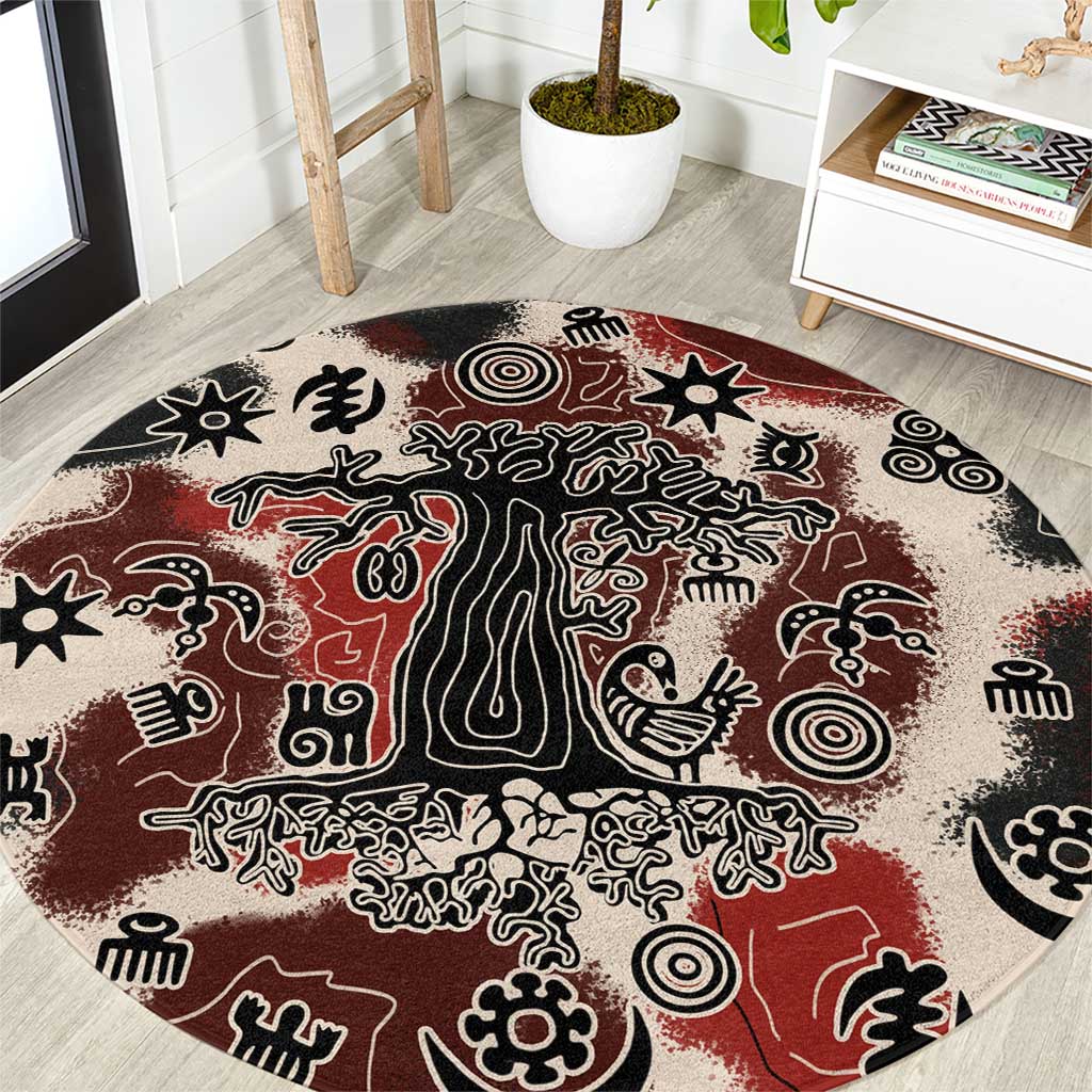 Sacred Heritage Round Carpet African Abstract Baobab Tree, Ethnic Symbols, and Red-Black Pattern - Wonder Print Shop