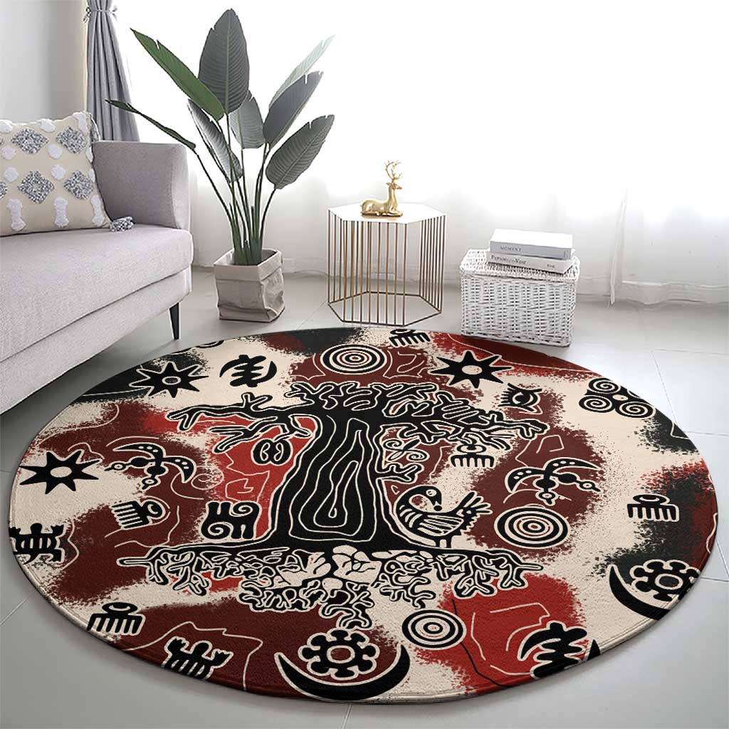 Sacred Heritage Round Carpet African Abstract Baobab Tree, Ethnic Symbols, and Red-Black Pattern - Wonder Print Shop