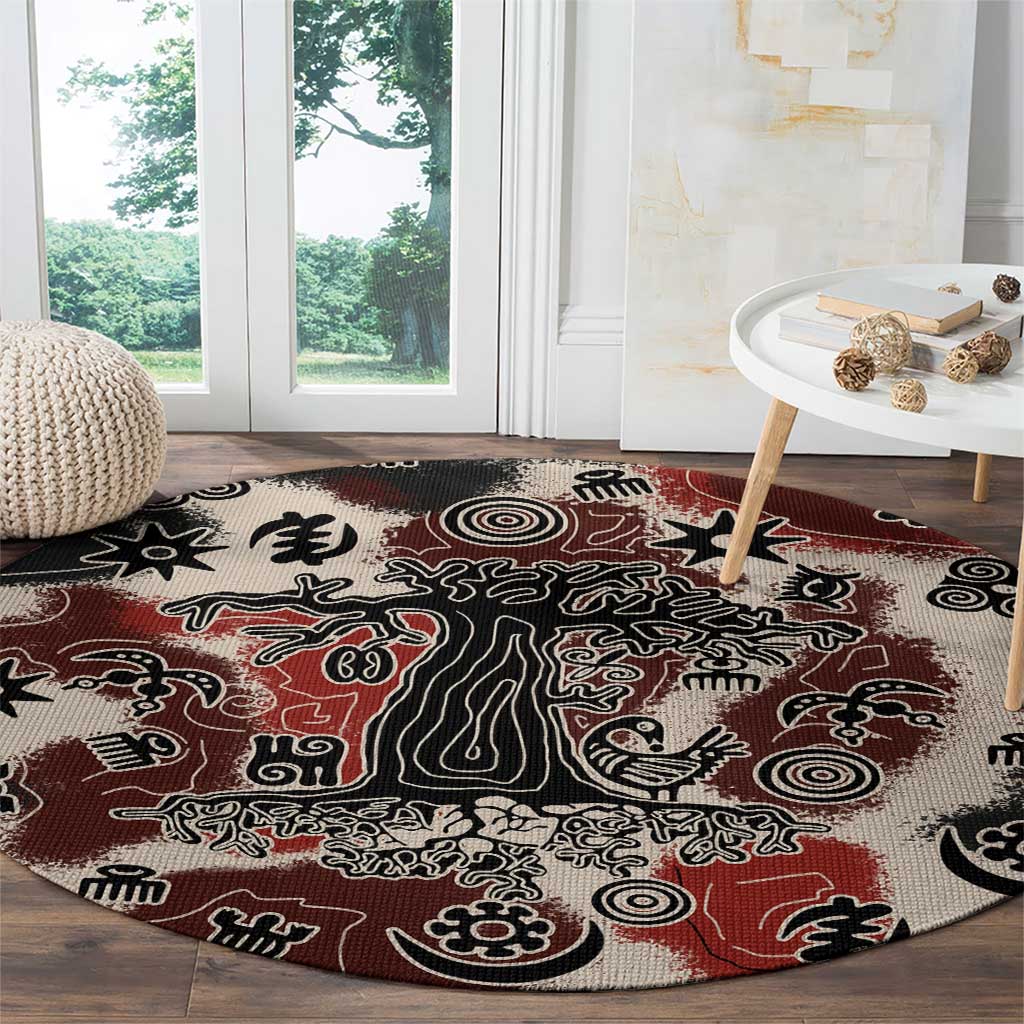 Sacred Heritage Round Carpet African Abstract Baobab Tree, Ethnic Symbols, and Red-Black Pattern - Wonder Print Shop