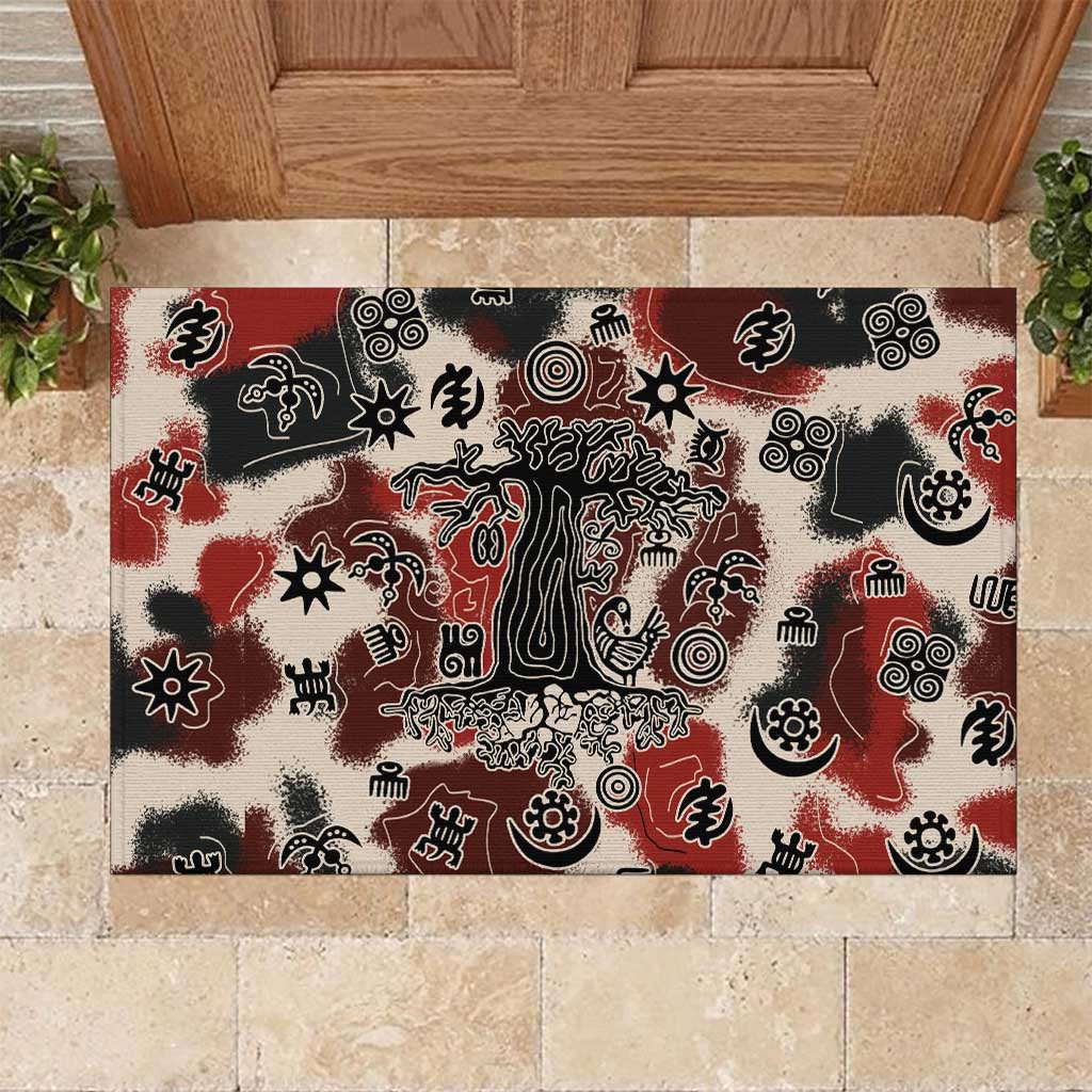 Sacred Heritage Rubber Doormat African Abstract Baobab Tree, Ethnic Symbols, and Red-Black Pattern - Wonder Print Shop