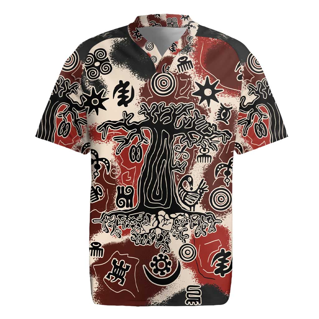 Sacred Heritage Rugby Jersey African Abstract Baobab Tree, Ethnic Symbols, and Red-Black Pattern - Wonder Print Shop