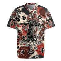 Sacred Heritage Rugby Jersey African Abstract Baobab Tree, Ethnic Symbols, and Red-Black Pattern - Wonder Print Shop
