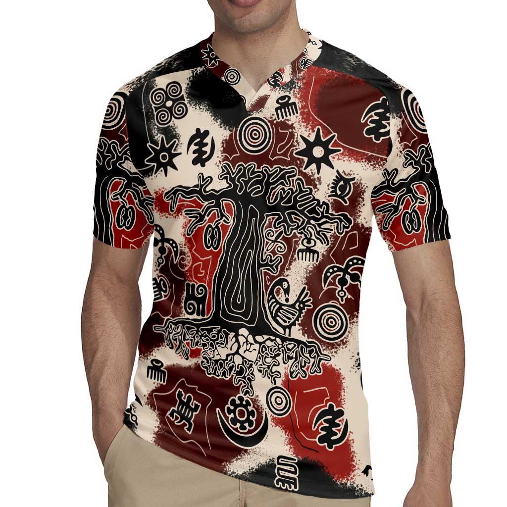 Sacred Heritage Rugby Jersey African Abstract Baobab Tree, Ethnic Symbols, and Red-Black Pattern - Wonder Print Shop