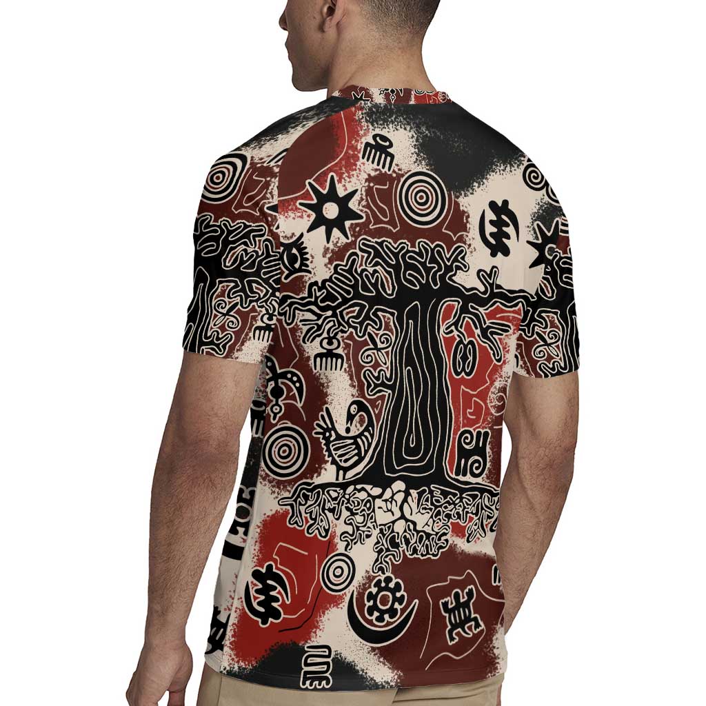 Sacred Heritage Rugby Jersey African Abstract Baobab Tree, Ethnic Symbols, and Red-Black Pattern - Wonder Print Shop