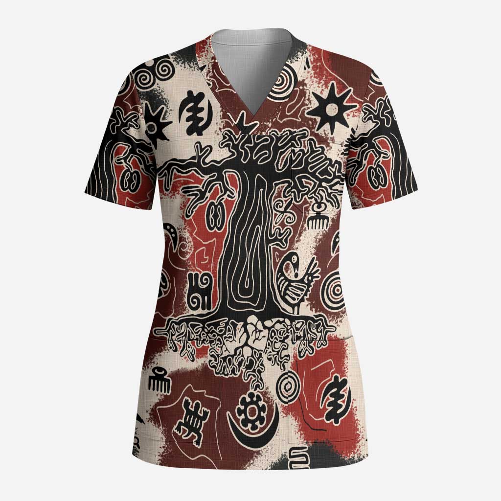 Sacred Heritage Scrub Top African Abstract Baobab Tree, Ethnic Symbols, and Red-Black Pattern - Wonder Print Shop
