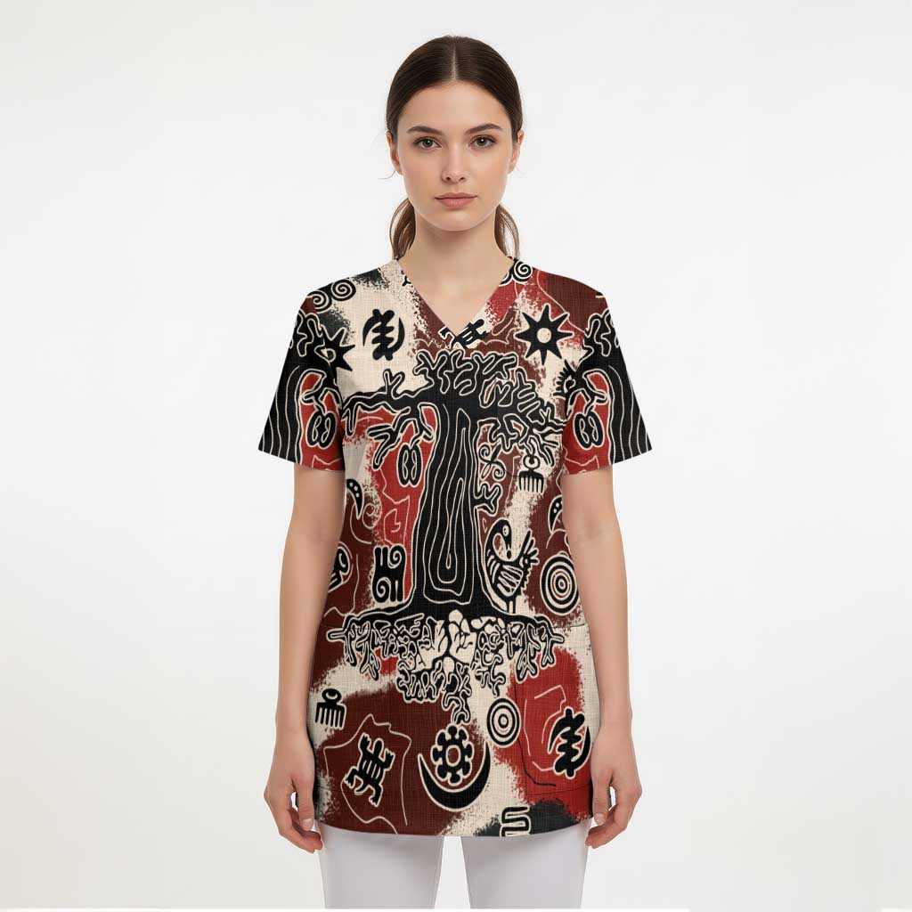 Sacred Heritage Scrub Top African Abstract Baobab Tree, Ethnic Symbols, and Red-Black Pattern - Wonder Print Shop