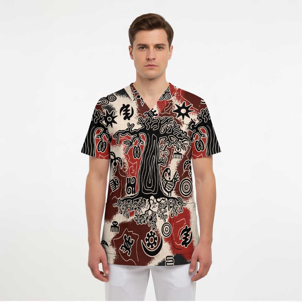 Sacred Heritage Scrub Top African Abstract Baobab Tree, Ethnic Symbols, and Red-Black Pattern - Wonder Print Shop