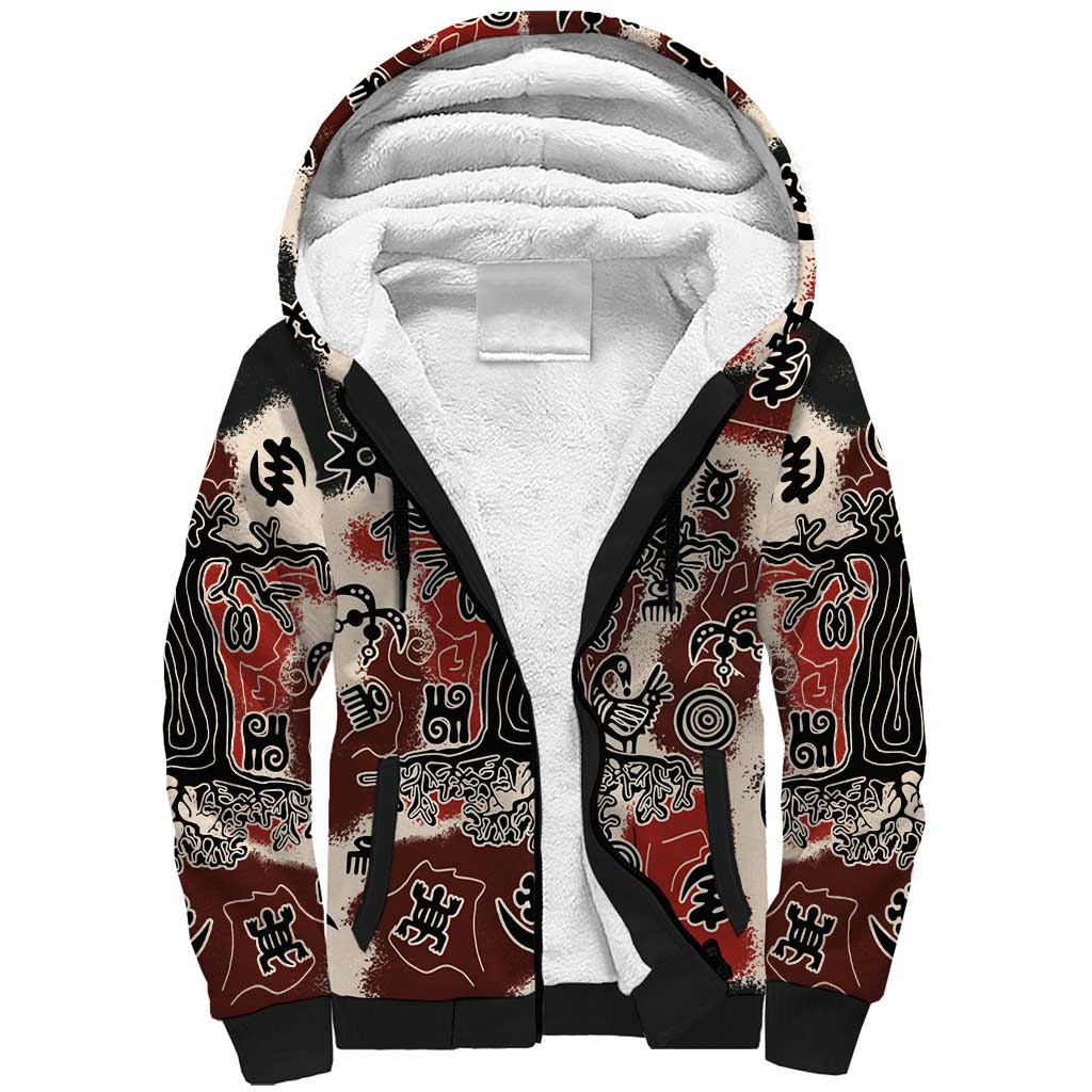 Sacred Heritage Sherpa Hoodie African Abstract Baobab Tree, Ethnic Symbols, and Red-Black Pattern - Wonder Print Shop