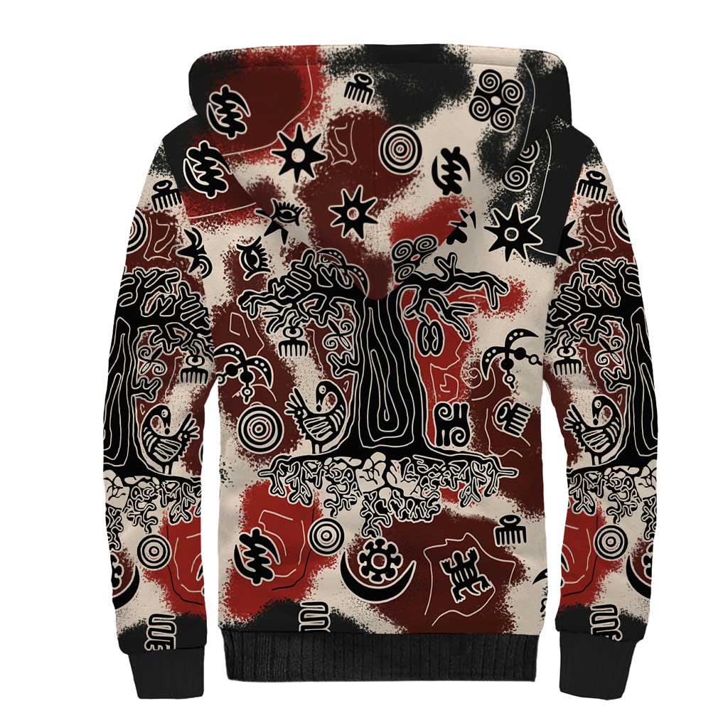 Sacred Heritage Sherpa Hoodie African Abstract Baobab Tree, Ethnic Symbols, and Red-Black Pattern - Wonder Print Shop