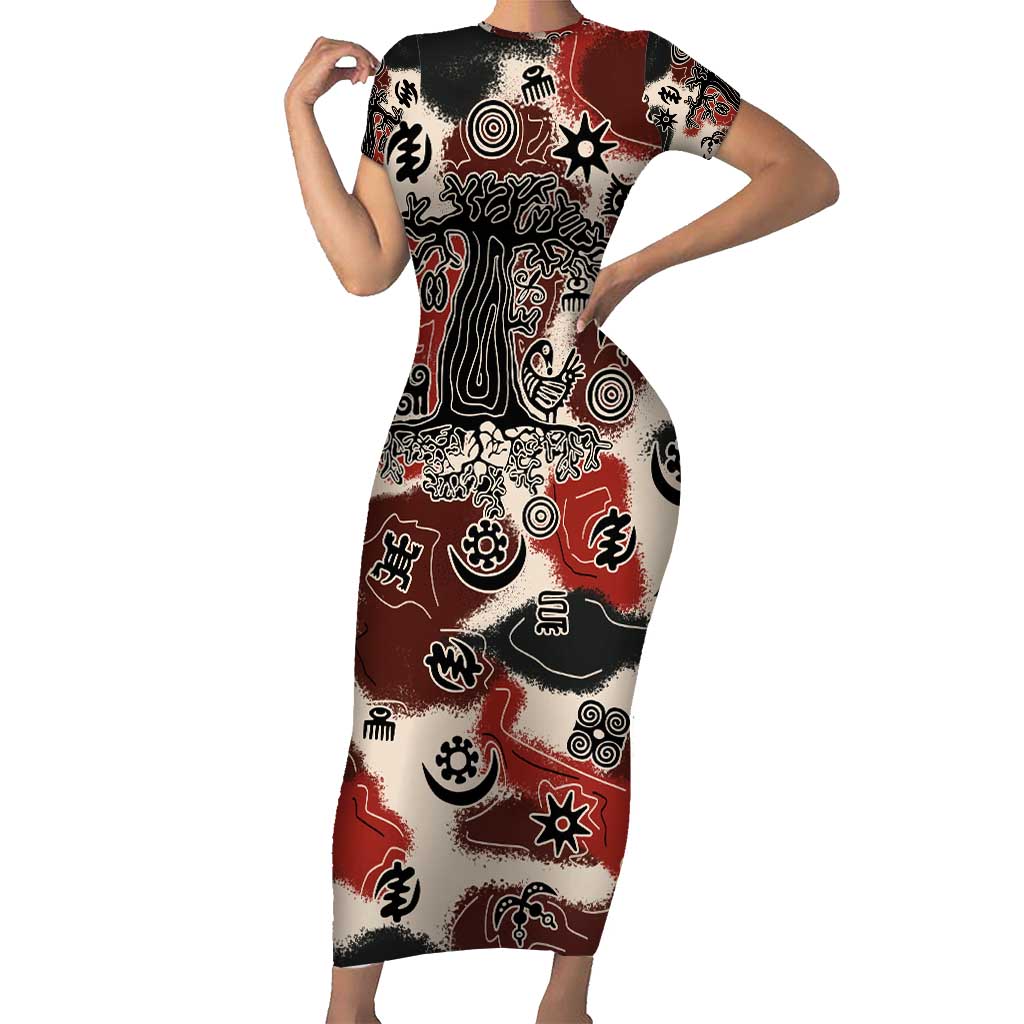 Sacred Heritage Short Sleeve Bodycon Dress African Abstract Baobab Tree, Ethnic Symbols, and Red-Black Pattern - Wonder Print Shop