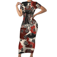 Sacred Heritage Short Sleeve Bodycon Dress African Abstract Baobab Tree, Ethnic Symbols, and Red-Black Pattern - Wonder Print Shop