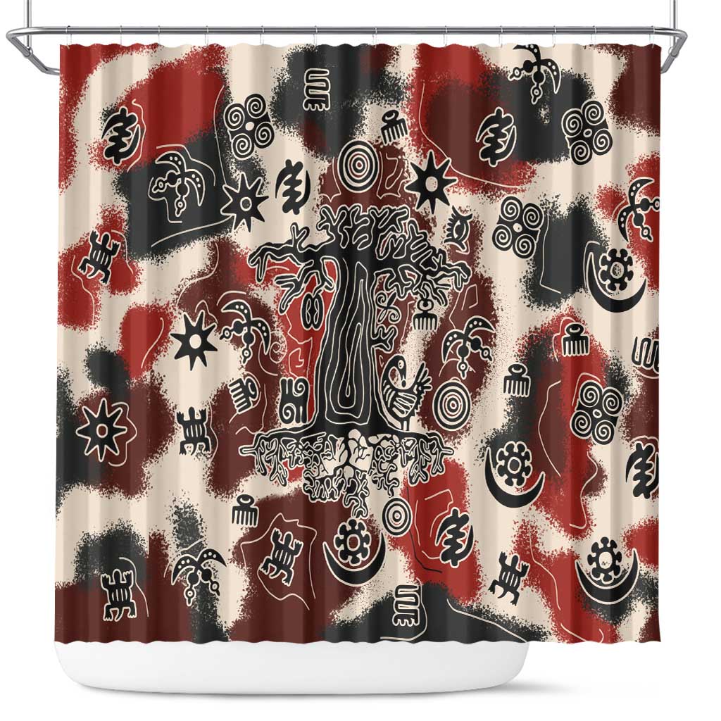 Sacred Heritage Shower Curtain African Abstract Baobab Tree, Ethnic Symbols, and Red-Black Pattern - Wonder Print Shop